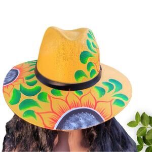 Fine Brim Yellow Panama Fedora Palm Straw Floral‎ Hat from Mexico
